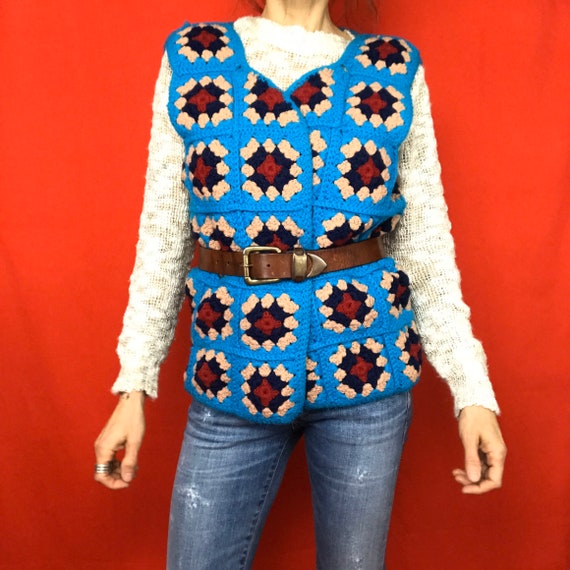 Vintage 70s granny square crochet knit jacket vest
