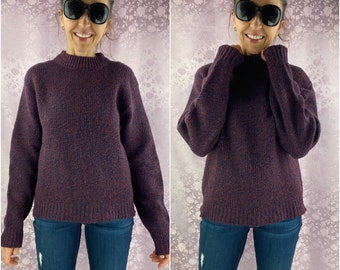Vintage 90s knit wool sweater, Shetland wool sweater,dark burgundy navy blue warm winter sweater,boho casual slouchy sweater