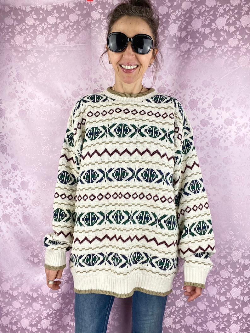 Vintage 90s cotton knit sweater,geometric soft winter sweater pullover by Bill Blass,multicolored unisex cozy cotton casual sporty sweater