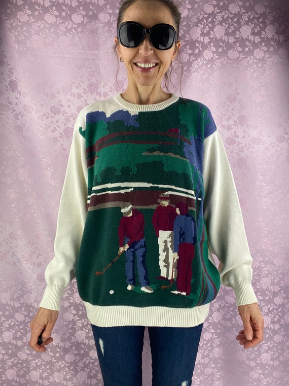 Vintage 90s cotton knit sweater,color block sweat… - image 1