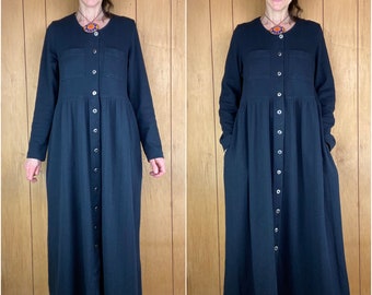 Vintage 90s black long button up dress,cotton maxi dress with pockets,feminine modest long black dress,casual grunge dress with long sleeves