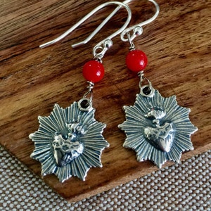 Sterling Silver Sacred Heart Earrings: Coral Beads, Milagros Design
