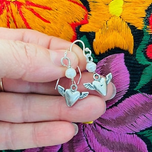 925 silver milagros heart earrings-flying Wings Earrings-wings freshwater pearl earrings-dainty Pearl Earrings-Love earrings-friendship gift