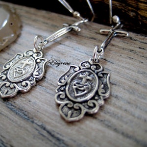 Sterling Silver Sacred Heart Cross Earrings: Milagros Ex Votos