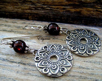 Bohemian 925 silver mandala Earrings-Silver Disc garnet gem Earrings-Silver Floral Mandalas Earrings-Gypsy mandala earrings-gifts