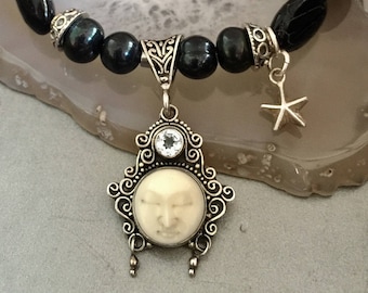 celestial Jewelry-Carved Moon face Necklace/Black 925 Silver Filigree beaded Necklace/Goddess black beaded Necklace-one of a kind zen