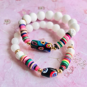 Trade beads bracelet-vintage Millefiore glass bracelet-African trade beads bracelets-rainbow bracelet-disc records bracelet-gift for her