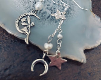 Pendientes de cuento de hadas/Pendientes celestiales de plata esterlina: Luna creciente, estrella y perla colgantes