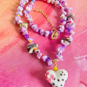 Lavender Purple puka shell necklace-Lampwork puffy polka dots heart beaded necklace-rainbow necklace   jewelry-hippie beaded rainbow choker
