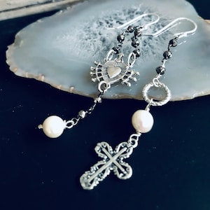 Sacred Heart earrings-Asymmetric Rosary Earrings-925 Silver earrings-Mismatch Earrings-Cross medal Earrings-ex votos milagros jewelry