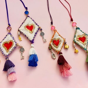 Boho Mexican embroidered textile scapulary heart necklace,patched embroidered fabric Mexican art Eye of God Necklace-hippie friendship gifts