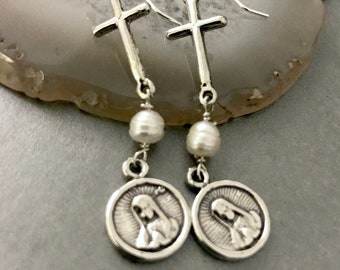 Statement Rosary earrings-Virgen cross Earrings-Milagros our lady Guadalupe earrings-cross charm Earrings-Victorian Style-miracle earrings