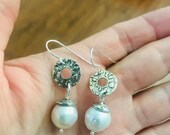 Hammered coin earrings-Sterling silver Pearl Earrings-Rustic Coin polka dots Earringsflowers earrings-Bride freshwater pearl earring
