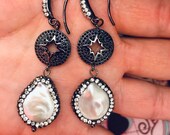 Celestial jewelry black pave Pearl Earring-cubic zirconia Cluster Coin Pearl Earrings-Boho Pearl Earrings-coin Pearl Earrings-Party earrings