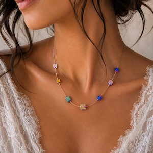 Sterling Silver Lampwork Glass Cube Necklace: Rainbow Dichroic Beads, Floating Chain