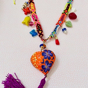One of a kind Mexican Milagros hearts charm Necklace-hippie, boho colorful protection Amulet necklace-Hand painted heart Rope cord necklace