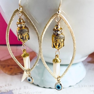 Gold hoops Buddha Earrings-Statement Tusk Earrings-Multi charm Amulet Earrings-Trendy long earrings-Boho tooth horn tusk earrings-fun trendy