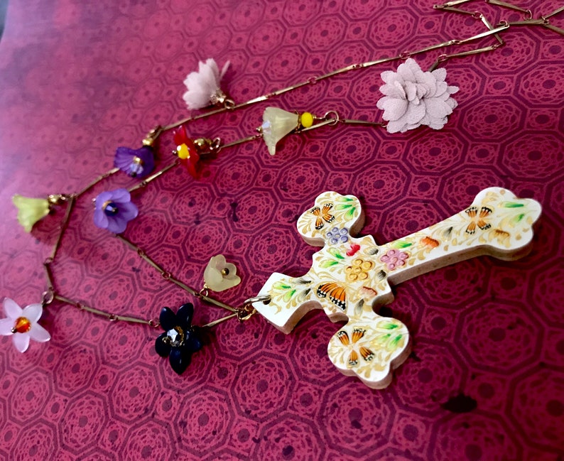 Hand painted floral cross necklace-Mexican folk floral wood on long butterflies floral collage flowers bib necklace-multicolored flowers