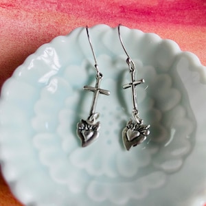 Sterling Silver Sacred Heart Cross Earrings: Dainty Rosary Style