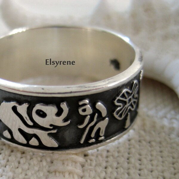 Sterling Silver .925 Lucky Ring Symbols Elephant Owl Horseshoe 13 Clover Flowers good luck Band Ring, Oxidized Fun Ring-Gift-vintage style