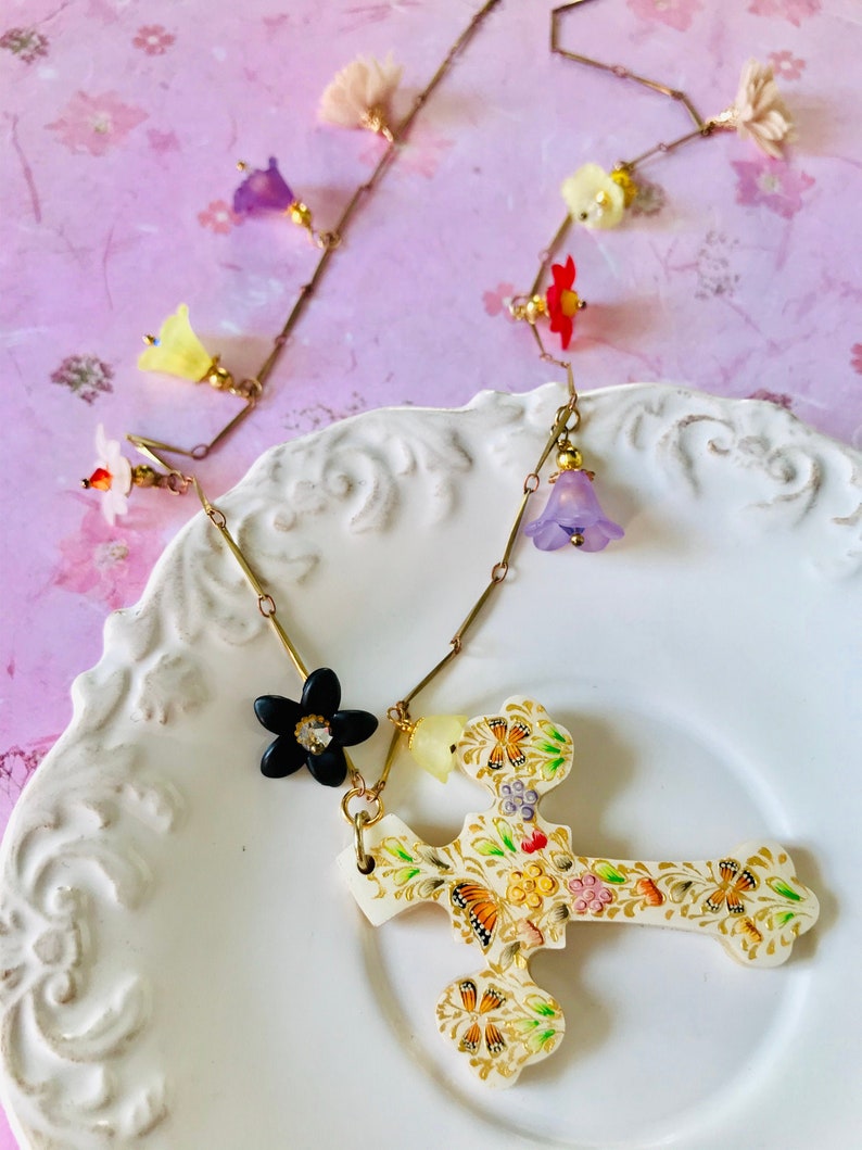 Hand painted floral cross necklace-Mexican folk floral wood on long butterflies floral collage flowers bib necklace-multicolored flowers