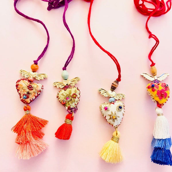 Boho Mexican chic Heart textil tassel heart necklace, patched embroidered textile heart Necklace-wings necklace, hippie friendship gifts