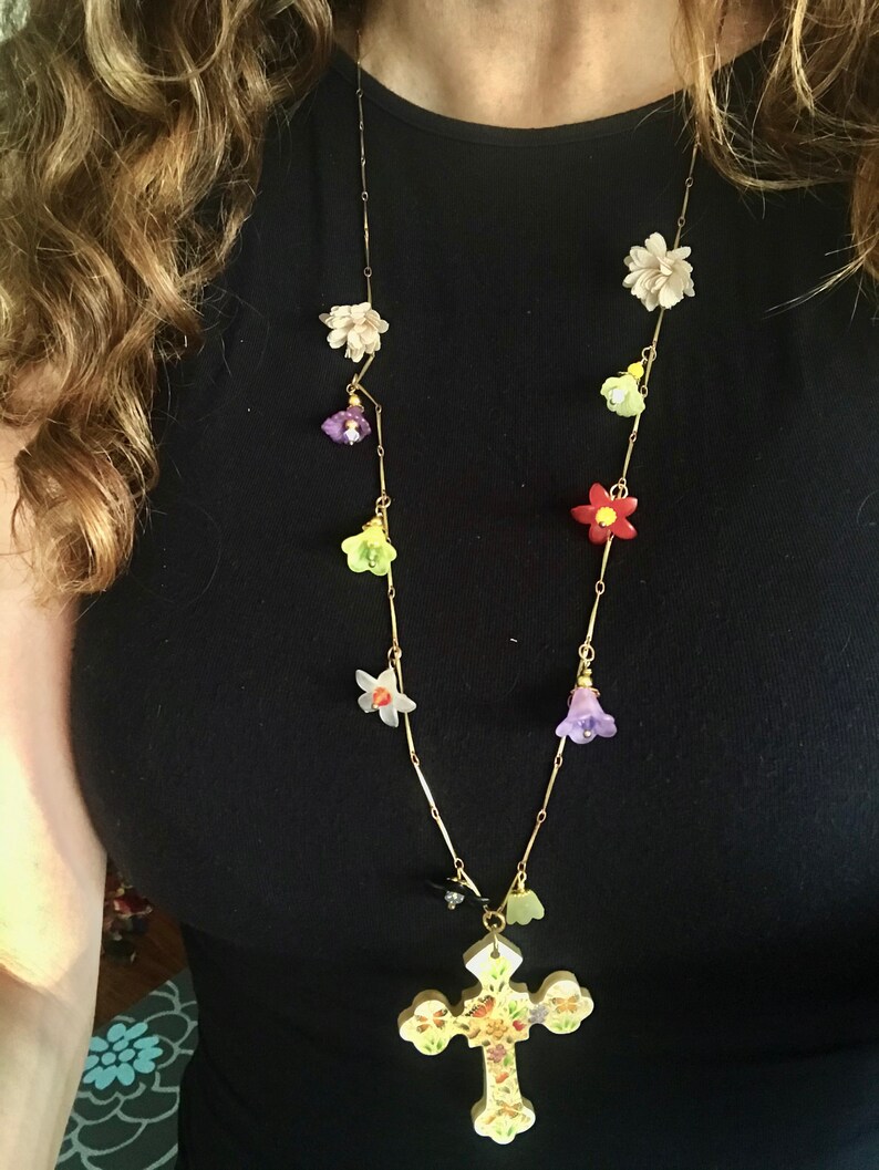 Hand painted floral cross necklace-Mexican folk floral wood on long butterflies floral collage flowers bib necklace-multicolored flowers