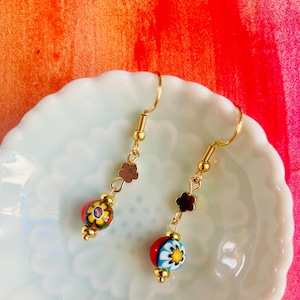 Vintage Millefiori beaded earrings-handcrafted Rainbow Italian Floral beads Earrings-girls gift ideas-Quinceañera-wedding romantic dangling