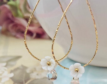 Romantic Gold Hammered oval Hoop earrings-flower Earrings-Swarovski Crystal teardrops earrings/Flowers Wedding Earrings/Bridal Hoop Earrings