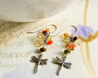 925 silver Oxidized  Dragonfly charm Earrings-cluster Gemstone earrings-bug insect earrings-rainbow stone earrings-meaningful jewelry-gifts