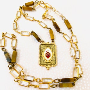 vintage Austrian Rhinestone beaded chain Sacred Heart tag necklace-long scapular pendant Necklace-celebrity look-Tiger eye Stone necklace