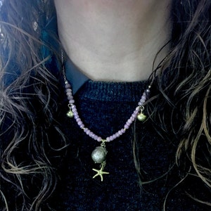 Pink Sapphire  baroque Pearl Gold  Chain Necklace -Starfish Shell beaded necklace-Pink sapphire Beach necklace-Seashore Necklace-Bohochic