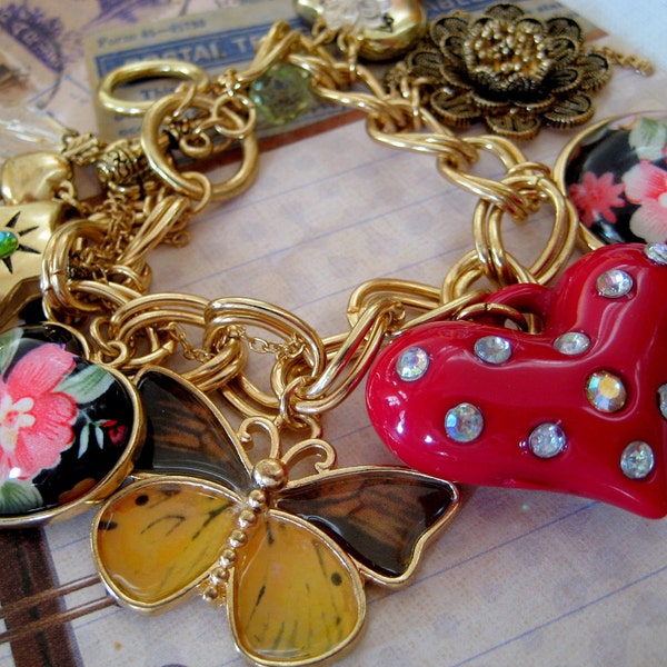 Bling bling Red Rhinestone Heart buterfly Floral charm antique gold Bracelet-Colorful fun bold chain cha cha bracelet