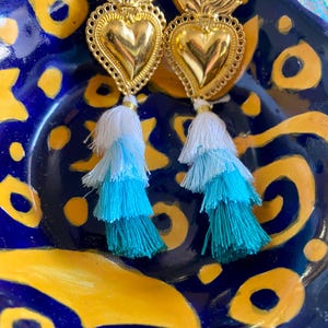 Exvotos Milagros sacred heart Earrings-firing heart earrings-boho romantic earrings-Green tassel Earrings-Mexican Folk jewelry-party
