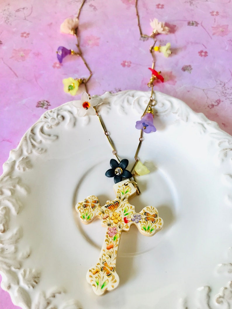 Hand painted floral cross necklace-Mexican folk floral wood on long butterflies floral collage flowers bib necklace-multicolored flowers