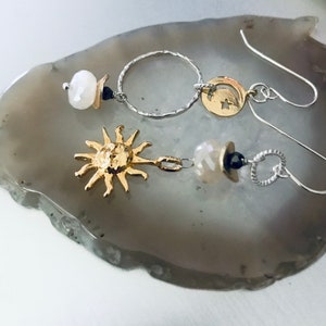Celestial jewelry-925 silver Mismatch earrings-Asymmetrical mixed metals gold silver Beaded sunshine Earrings-Hoop Moonstone Earrings