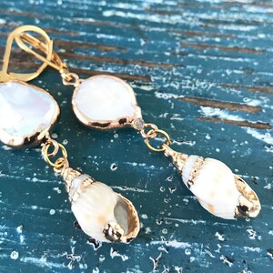 Spiral Shell Earrings: Baroque Pearl, Gold Plated Dangle Earrings