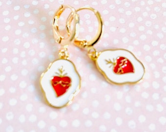 Sacred heart of Jesus Earrings-Milagros Heart Earrings-flaming heart Earrings-Mexican ex votos earrings-hearts earrings-burning hearts-gifts
