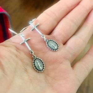 925 silver rosary Cross Virgin Mary miraculous Earrings-Miraculous Medallion earrings-Tiny cross Earrings-Spiritual-Catholic jewelry