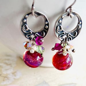 925 silver open heart Earrings-Borosilicate red lampwork glass Earrings-Swarovski cluster Earrings-one of a kind gifts-romantic earrings