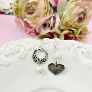 925 Silver mismatch Heart Earrings-dainty pearl Earrings-Different Heart Earrings-Romantic jewelry-everyday earrings-friendship gift ideas
