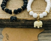 Yoga Elephant Bracelet-Stack White stone Stretch beaded bracelet-Lucky Elephant charm Bracelet-Friendship tassel Mala bracelet-Bohemian,Gift