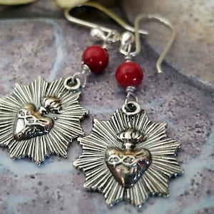 925 silver Sacred Heart of Jesus Earrings-coral Silver Milagros earrings- Sacred Flaming Heart Thorns Earrings-spiritual catholic jewelry