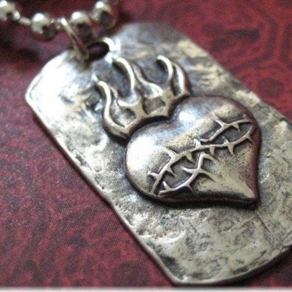 Oxidized Sterling Silver Sacred heart pendant-milagros sagrado corazon pendant-sterling silver square dog tag pendant