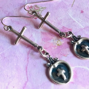 925 silver Heart Medal cross Earrings-Cross sacred heart Milagros earrings-Ex votos Cross earrings-medalla cruz aretes-Christian jewelry