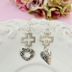 Asymmetrical 925 silver Rosary earrings-Cross heart Earrings-open cross charm earrings-cross Earrings-Spiritual Gift-Catholic gifts
