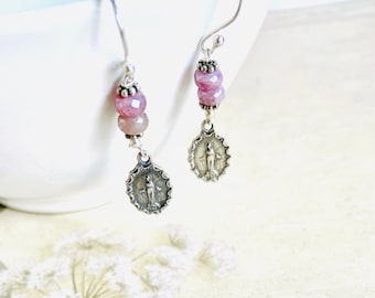 Rosary earrings-925 silver Virgin Mary miraculous  Earrings-Miracle Medallion charm earrings-Pink sapphire Earrings-Catholic gifts