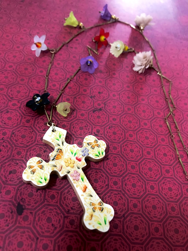 Hand painted floral cross necklace-Mexican folk floral wood on long butterflies floral collage flowers bib necklace-multicolored flowers