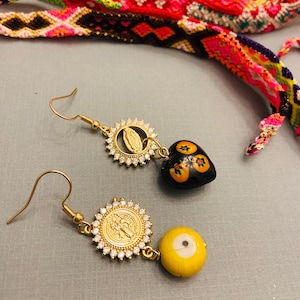 Asymmetric rosary earrings/St Benedict earrings/evil eye protection jewelry/Virgin Mary earrings/different heart millefiori earrings