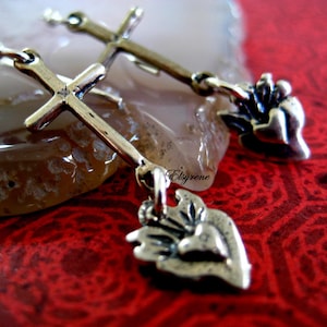 925 silver Dainty rosary cross earrings-sacred Heart Earrings-Milagros earrings- cross charm Earrings-Spiritual Statement-Catholic Jewelry
